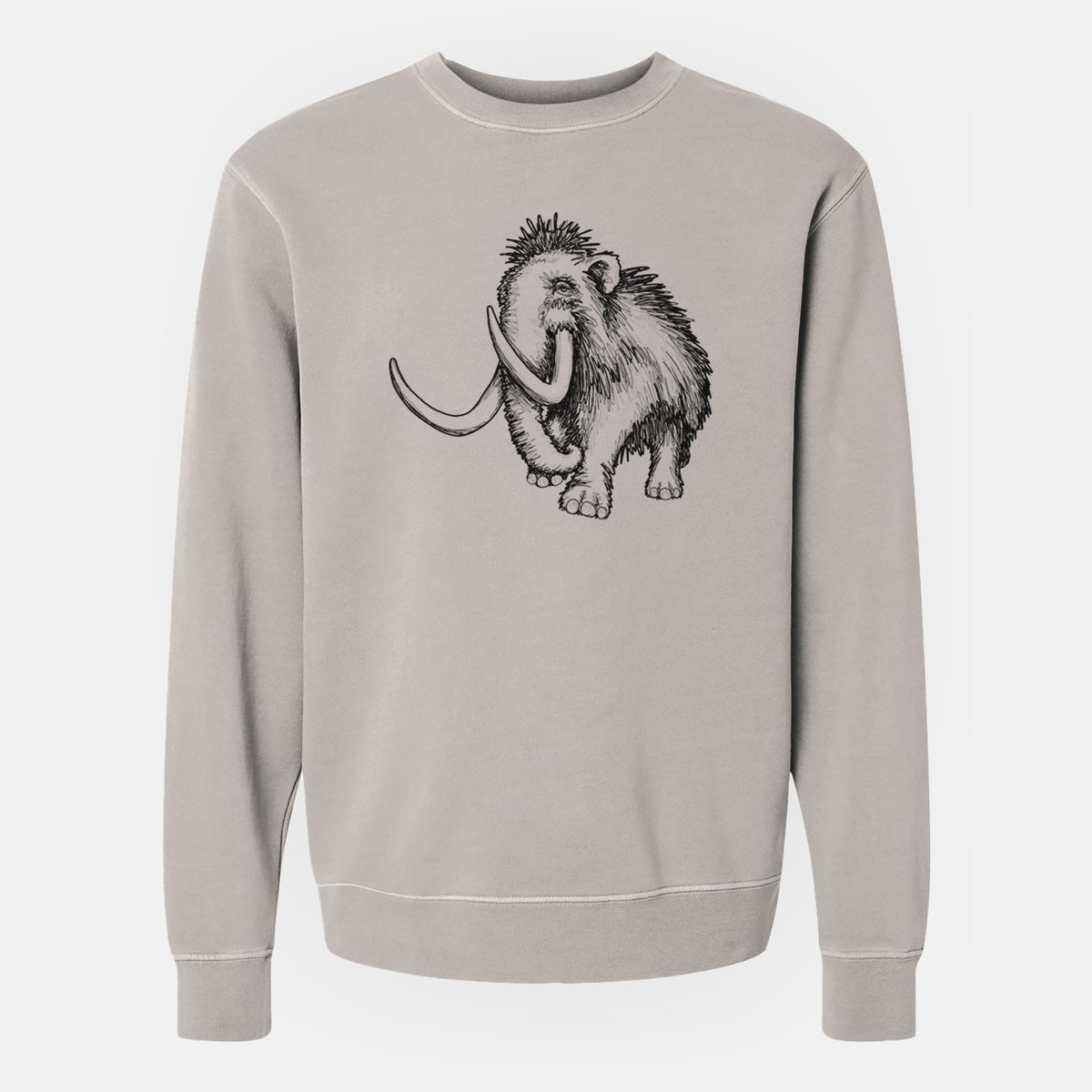 Cement grey pigment dyed crewneck sweatshirt laid flat, printed with a black ink illustration of a woolly mammoth with long curved tusks.