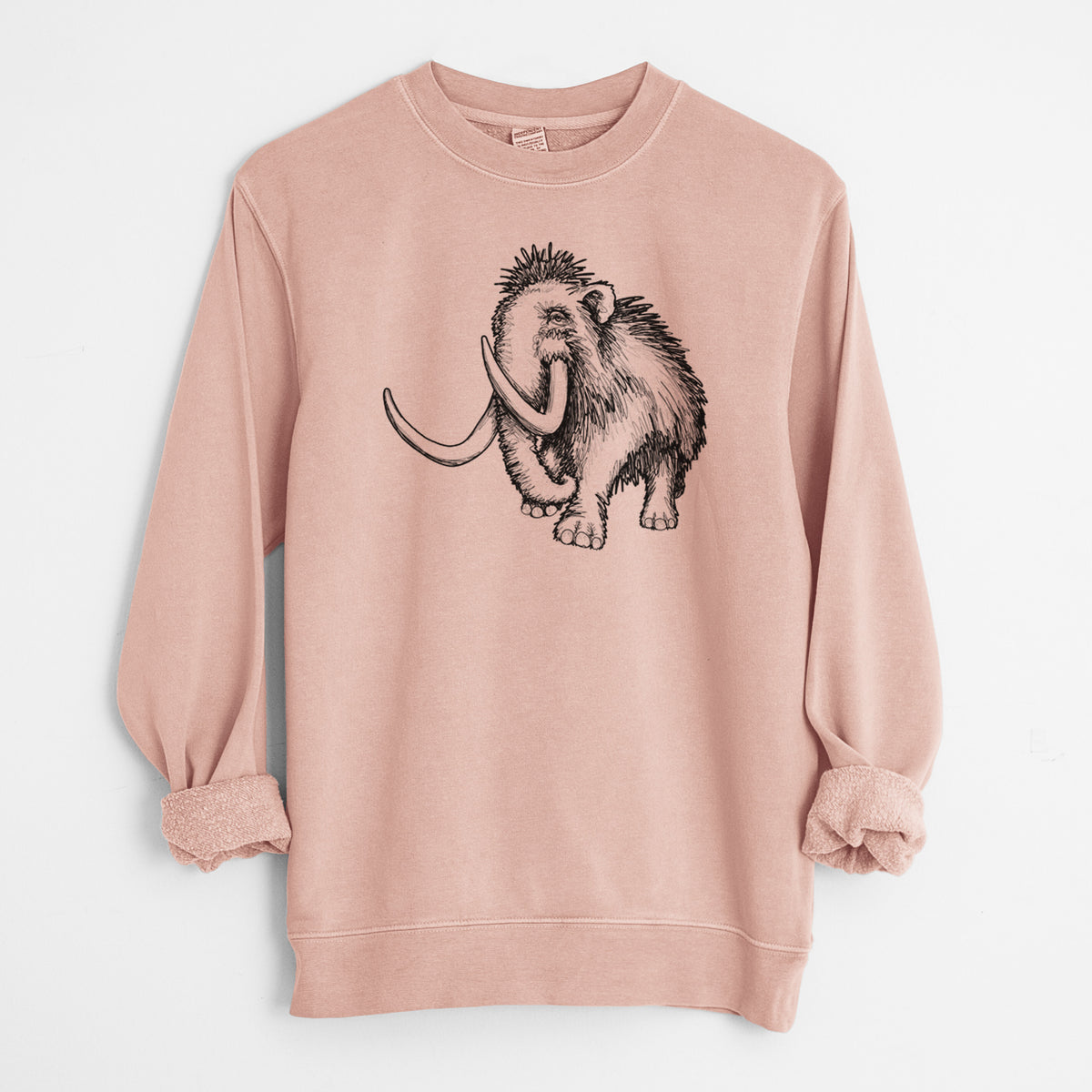 Dusty pink pigment dyed crewneck sweatshirt laid flat with the sleeves rolled, printed with a black ink illustration of a woolly mammoth with long curved tusks.