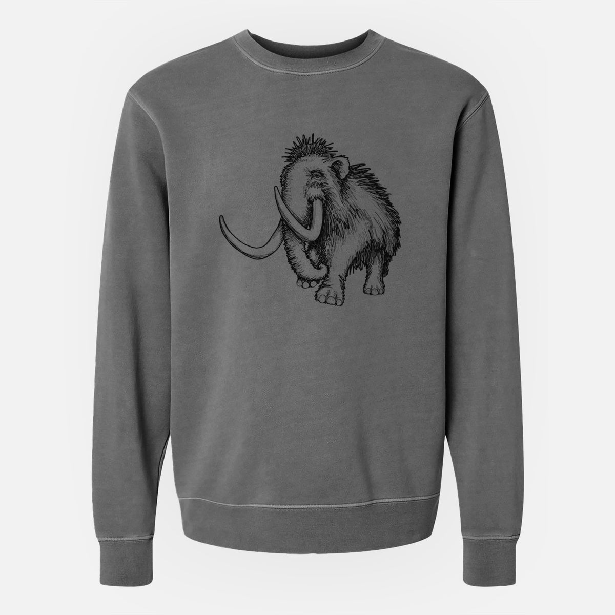 Faded black pigment dyed crewneck sweatshirt laid flat, printed with a black ink illustration of a woolly mammoth with long curved tusks.