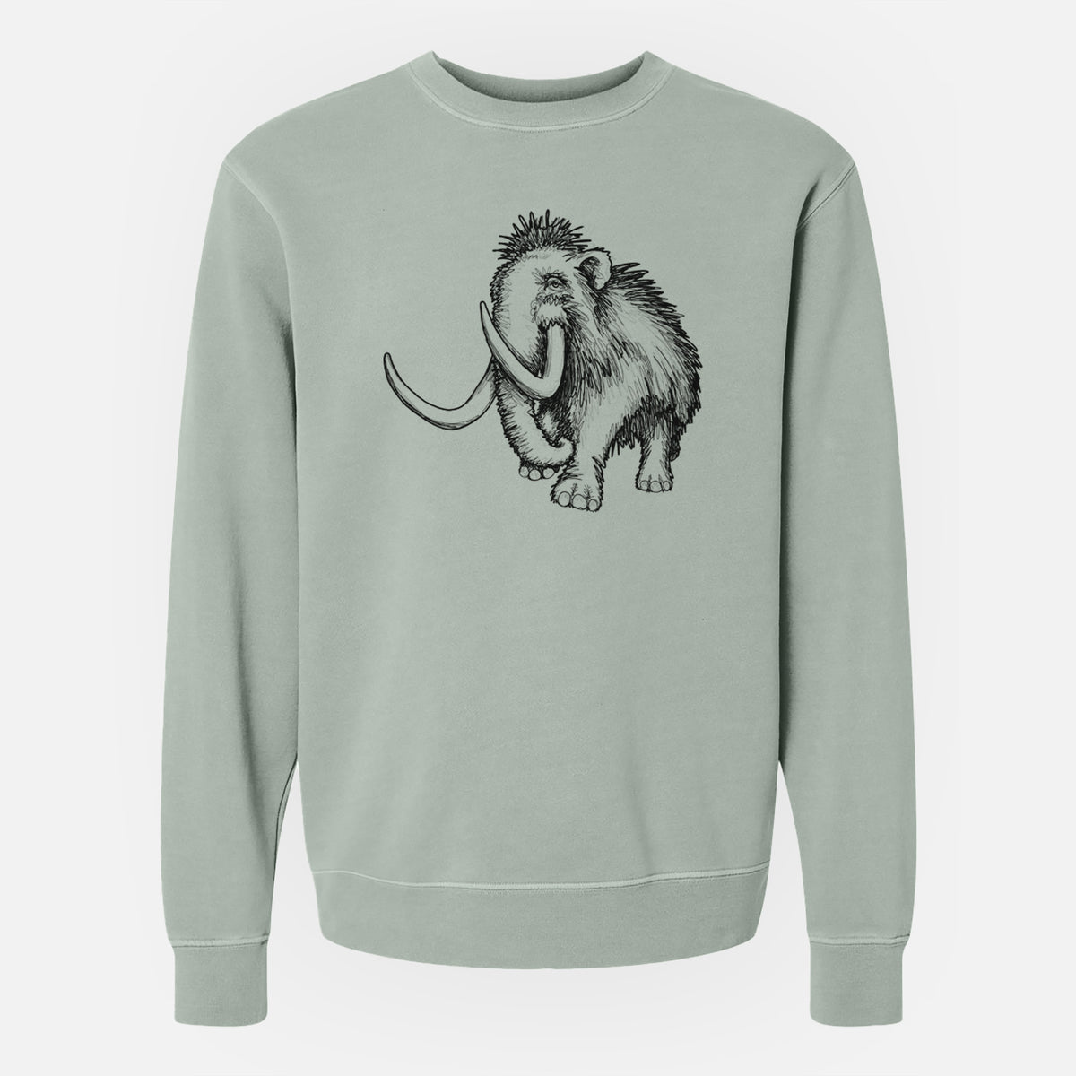 Sage green pigment dyed crewneck sweatshirt laid flat, printed with a black ink illustration of a woolly mammoth with long curved tusks.