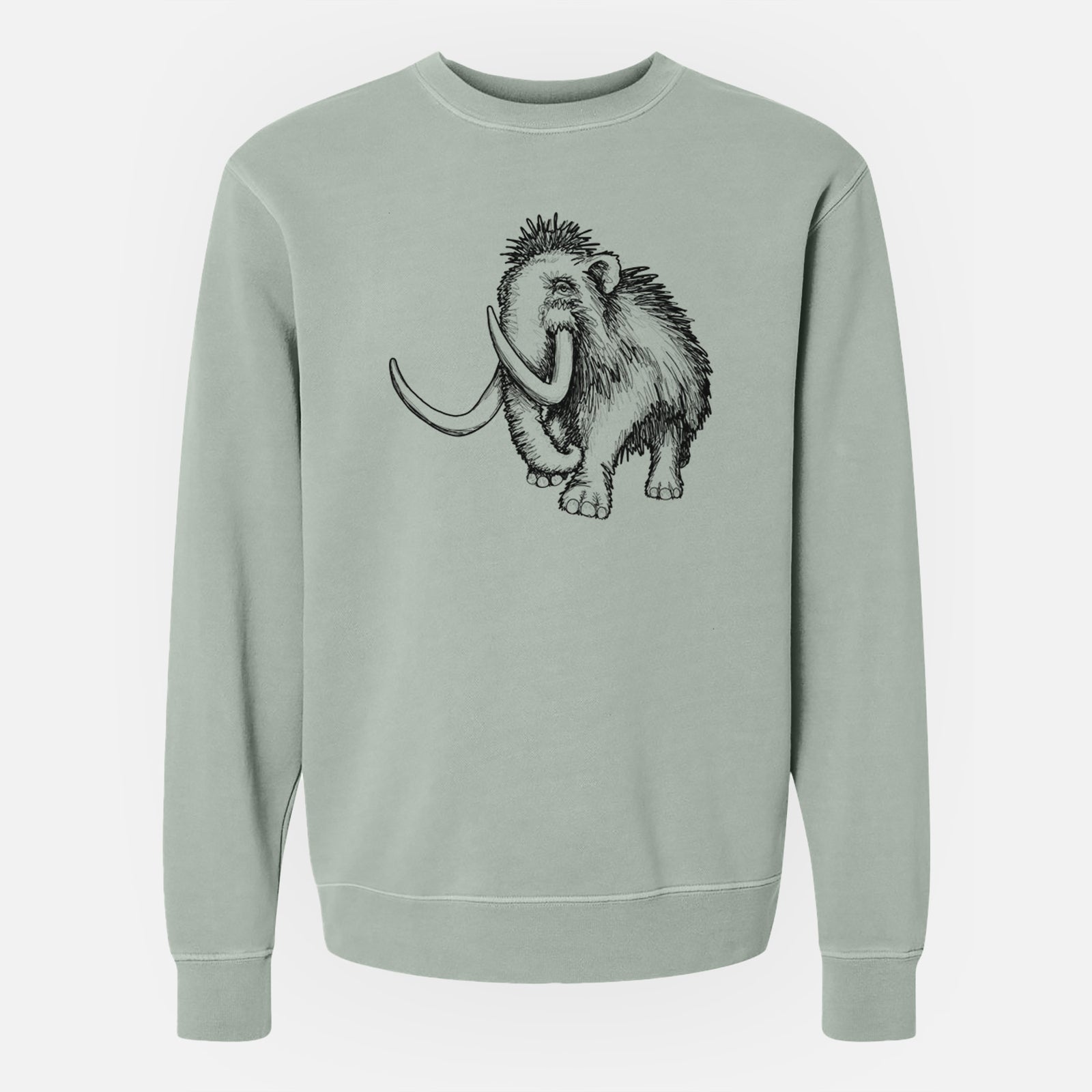 Sage green pigment dyed crewneck sweatshirt laid flat, printed with a black ink illustration of a woolly mammoth with long curved tusks.
