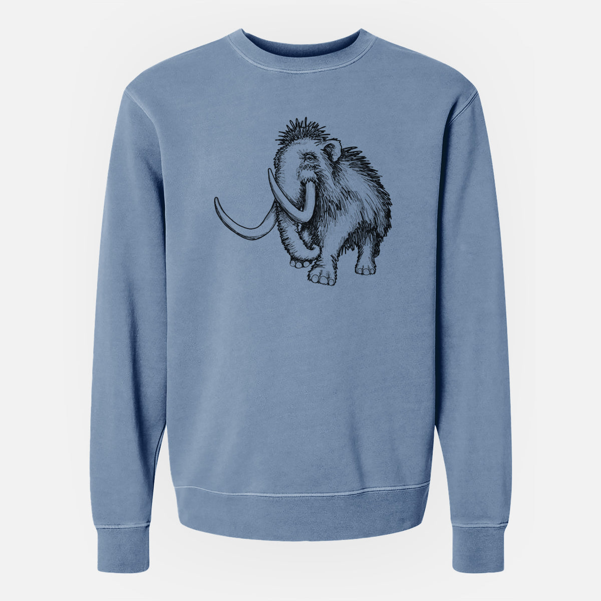 Slate blue pigment dyed crewneck sweatshirt laid flat, printed with a black ink illustration of a woolly mammoth with long curved tusks.