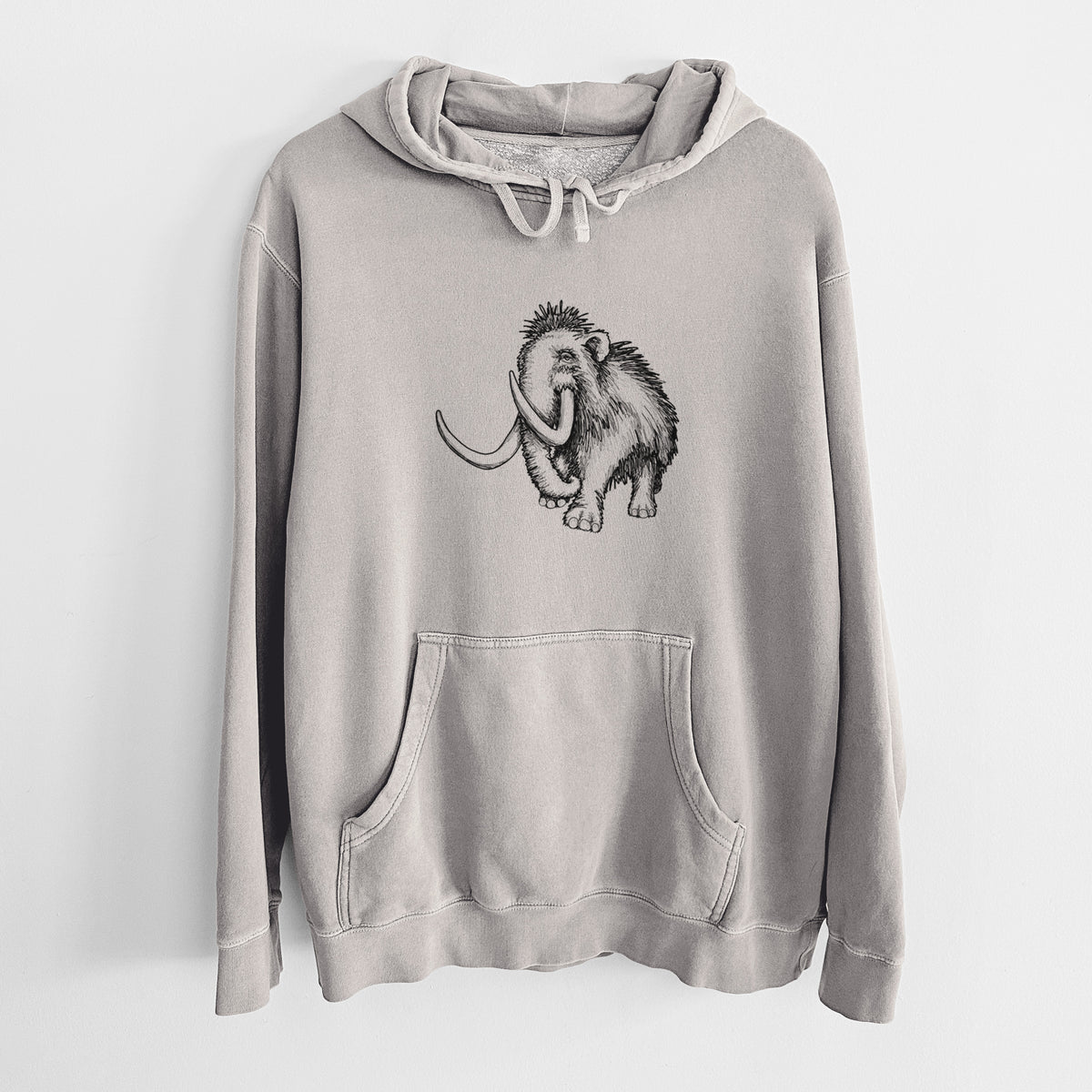 Cement grey pigment dyed hoodie laid flat, printed with a black ink illustration of a woolly mammoth with long curved tusks.