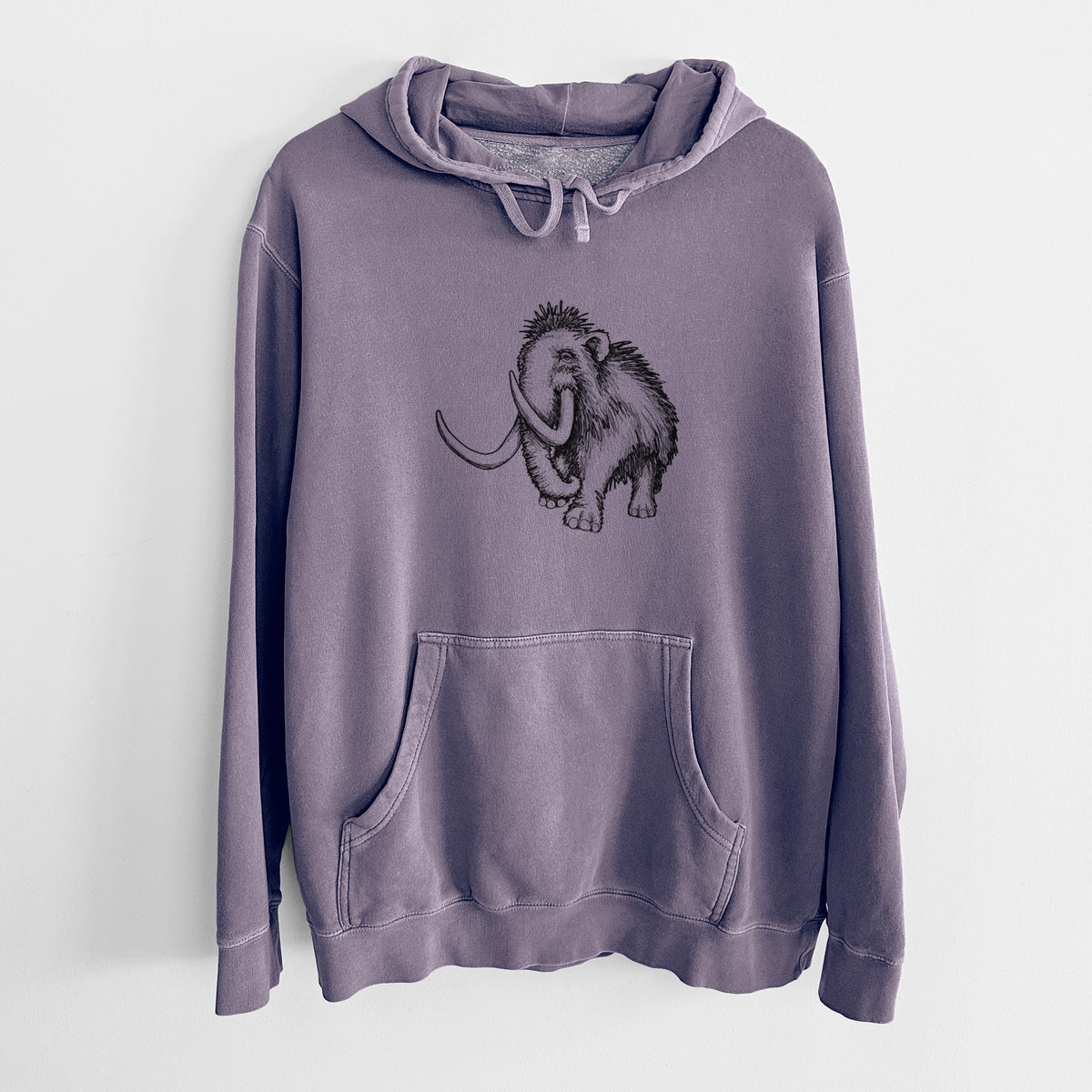 Plum purple pigment dyed hoodie laid flat, printed with a black ink illustration of a woolly mammoth with long curved tusks.