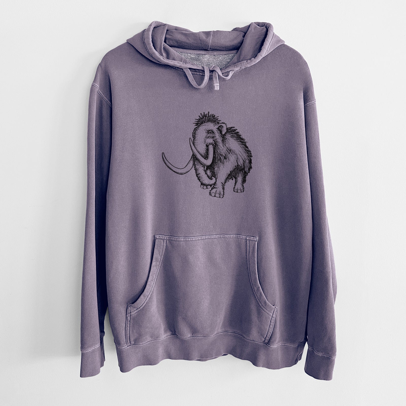 Plum purple pigment dyed hoodie laid flat, printed with a black ink illustration of a woolly mammoth with long curved tusks.