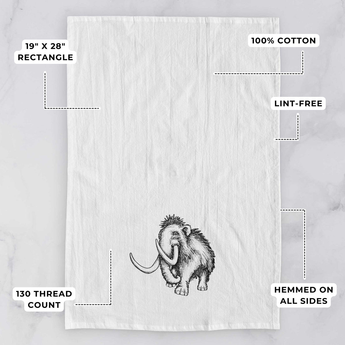 White tea towel printed with a black ink illustration of a woolly mammoth with long curved tusks, with feature labels: 19 by 28 inch rectangle, 100% cotton, lint-free, 130 thread count, hemmed on all sides.