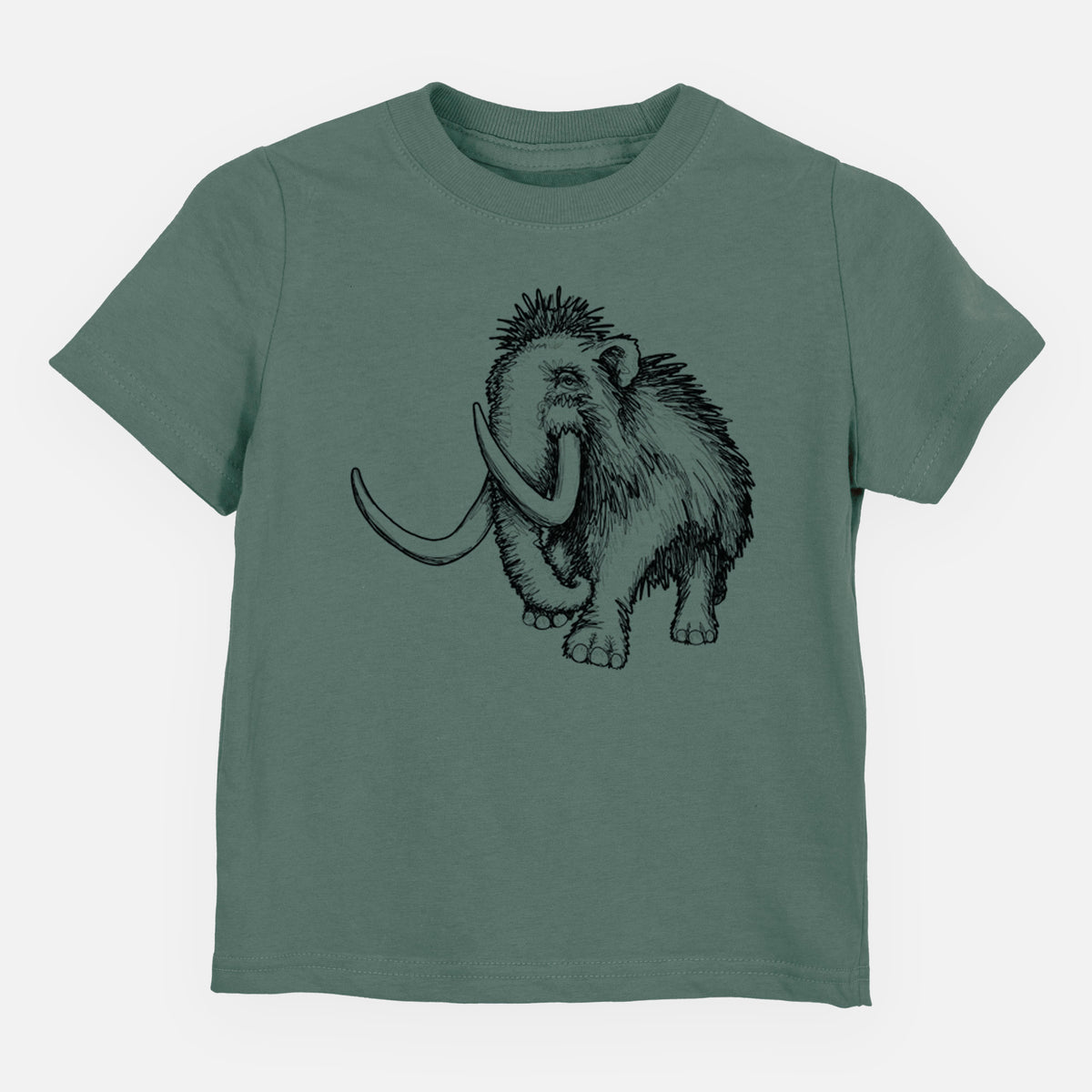 Basil green toddler t-shirt laid flat, printed with a black ink illustration of a woolly mammoth with long curved tusks.
