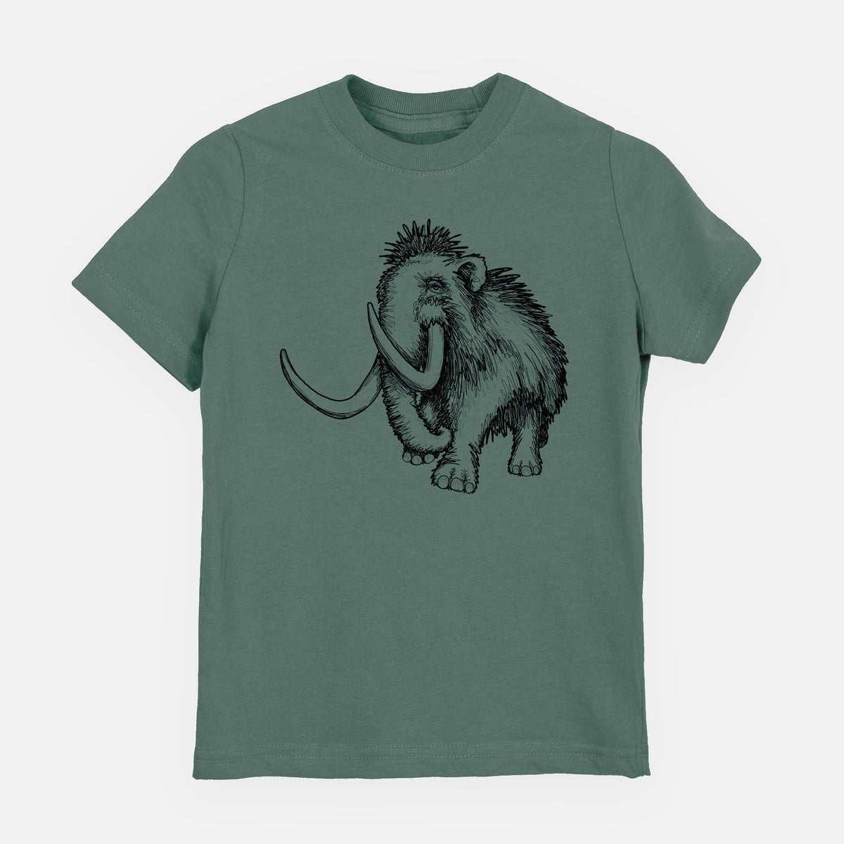 Basil green youth t-shirt laid flat, printed with a black ink illustration of a woolly mammoth with long curved tusks.