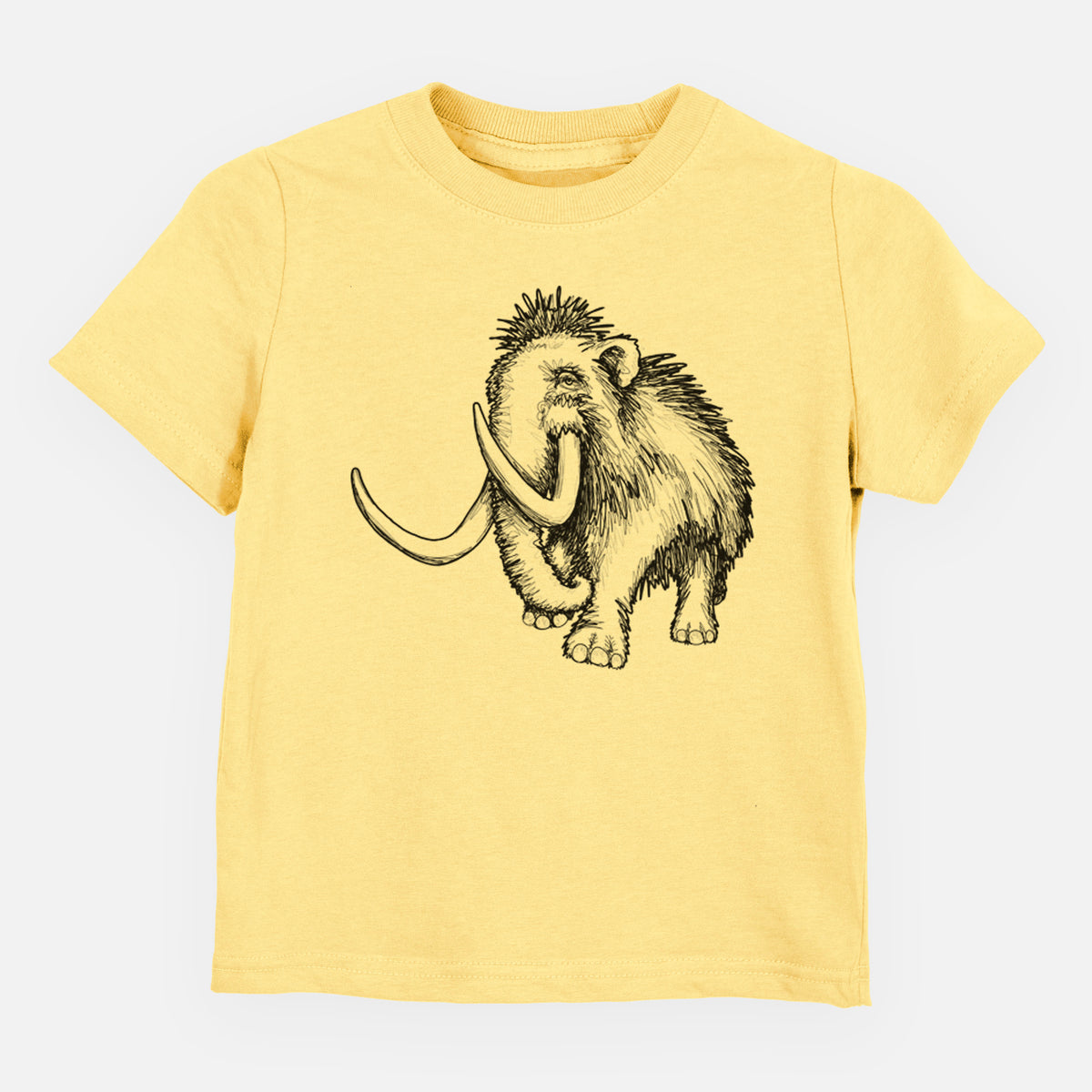 Butter yellow toddler t-shirt laid flat, printed with a black ink illustration of a woolly mammoth with long curved tusks.