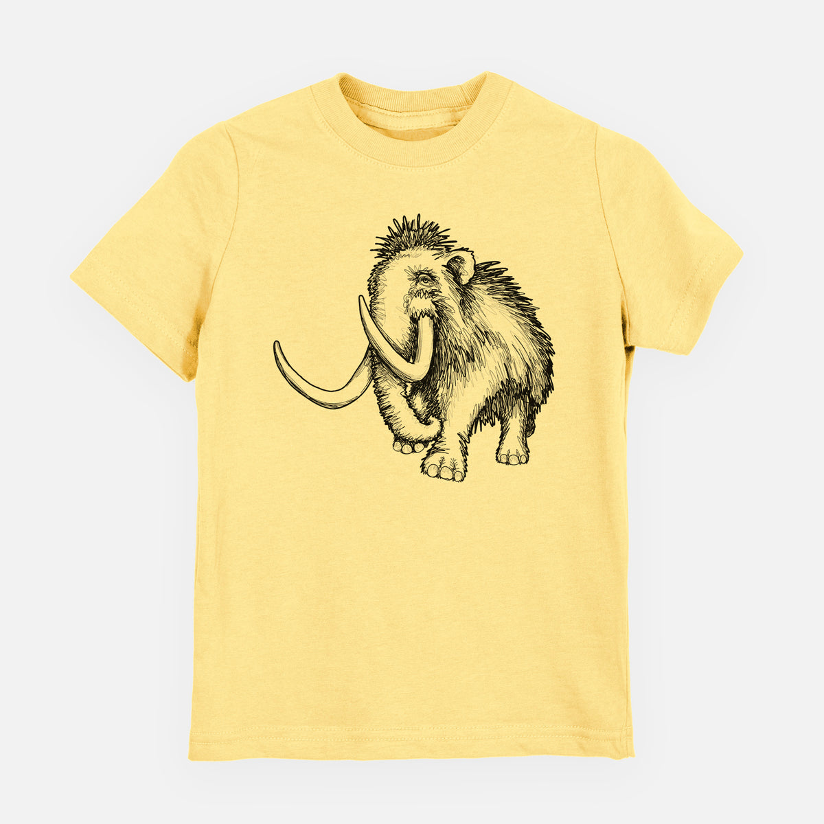 Butter yellow youth t-shirt laid flat, printed with a black ink illustration of a woolly mammoth with long curved tusks.