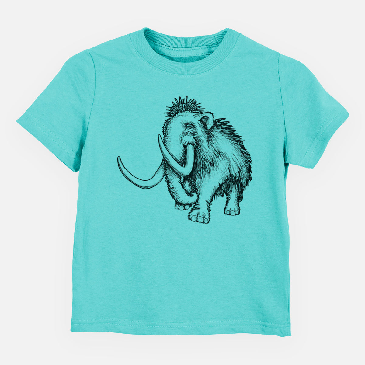 Caribbean blue toddler t-shirt laid flat, printed with a black ink illustration of a woolly mammoth with long curved tusks.