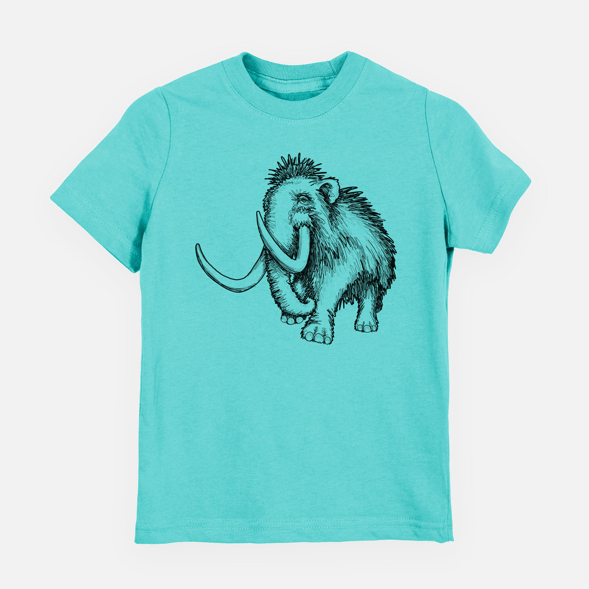 Caribbean blue youth t-shirt laid flat, printed with a black ink illustration of a woolly mammoth with long curved tusks.
