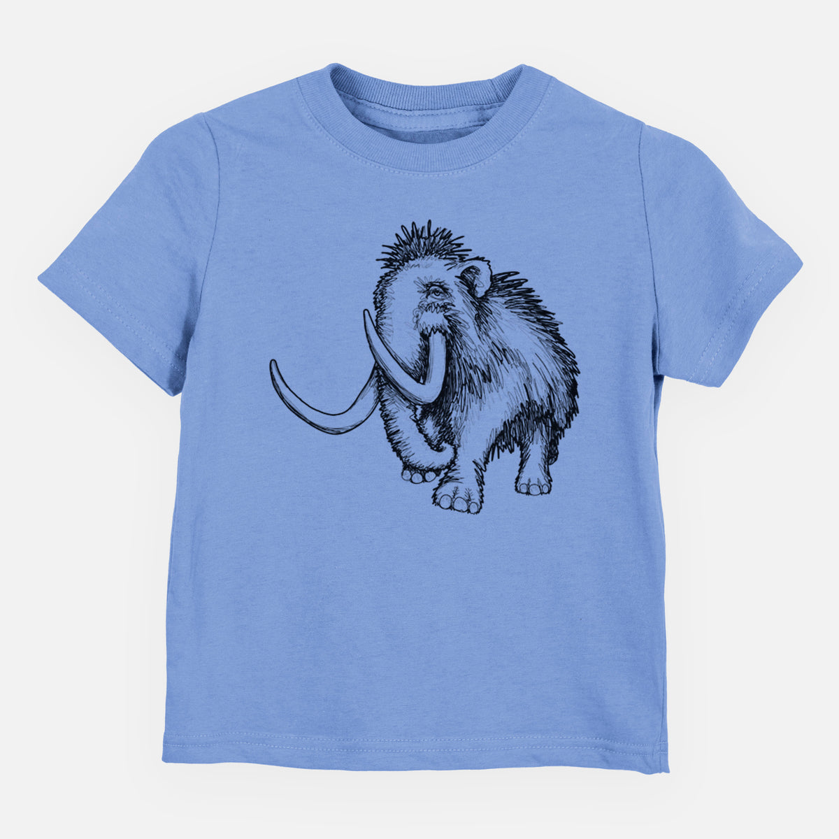 Carolina blue toddler t-shirt laid flat, printed with a black ink illustration of a woolly mammoth with long curved tusks.