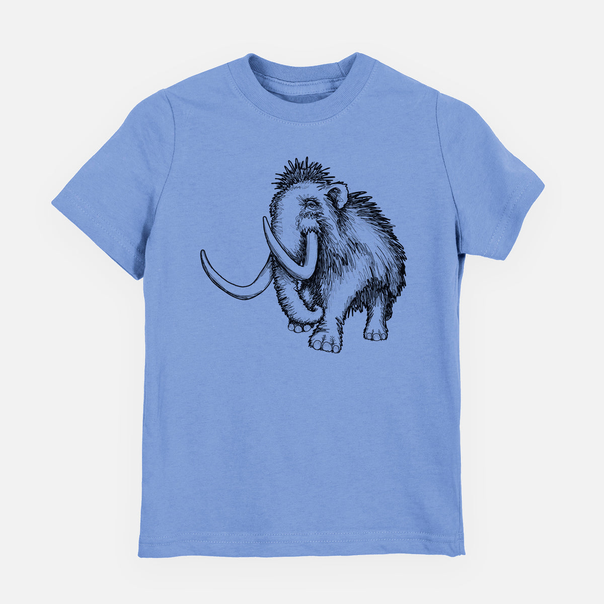 Carolina blue youth t-shirt laid flat, printed with a black ink illustration of a woolly mammoth with long curved tusks.