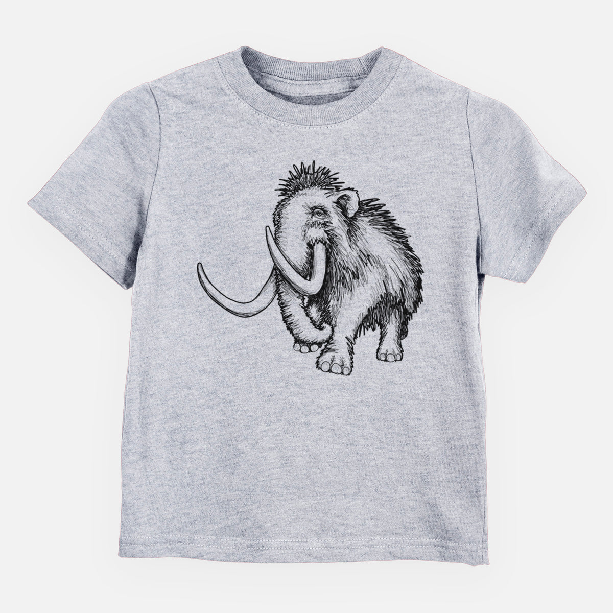Heather grey toddler t-shirt laid flat, printed with a black ink illustration of a woolly mammoth with long curved tusks.