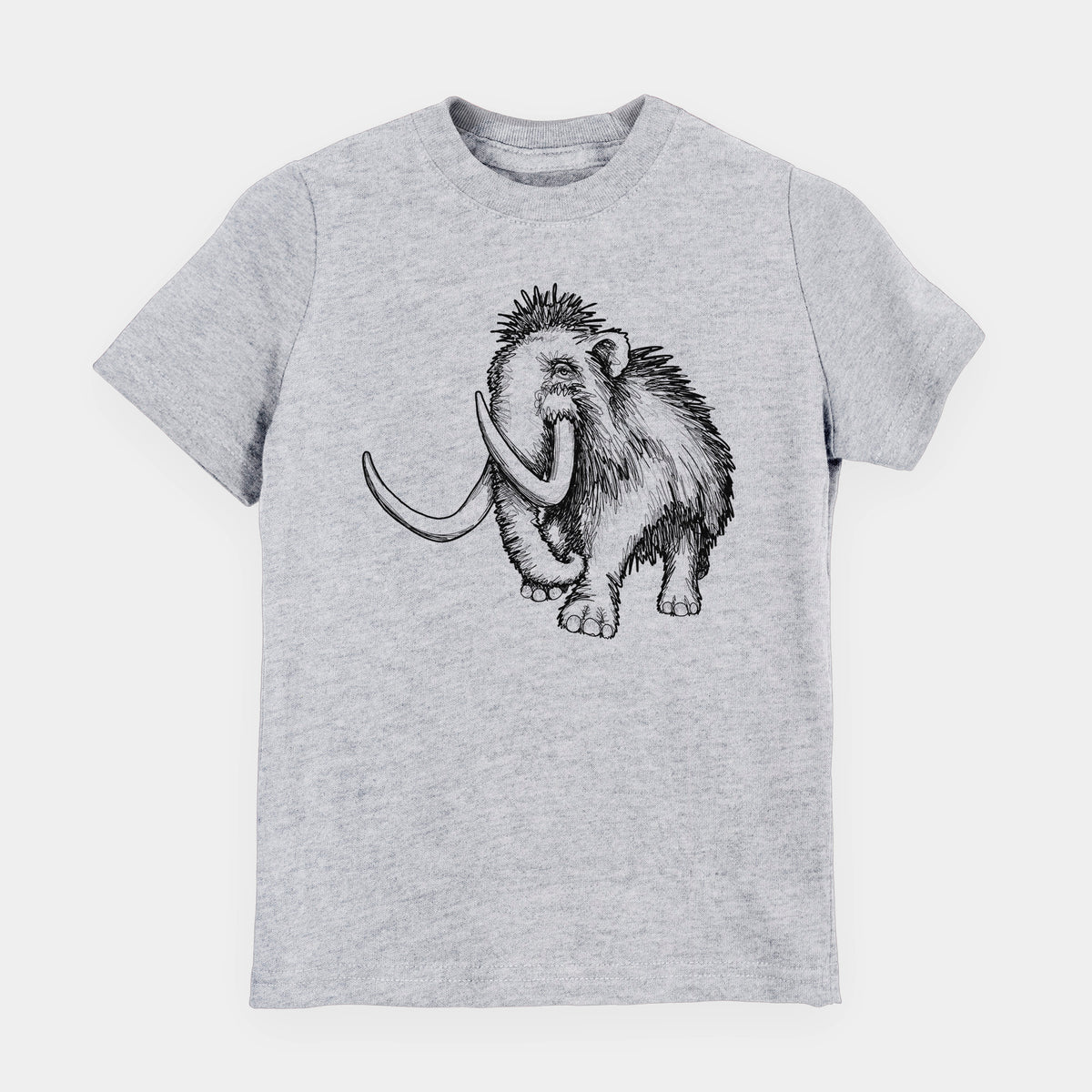 Heather grey youth t-shirt laid flat, printed with a black ink illustration of a woolly mammoth with long curved tusks.