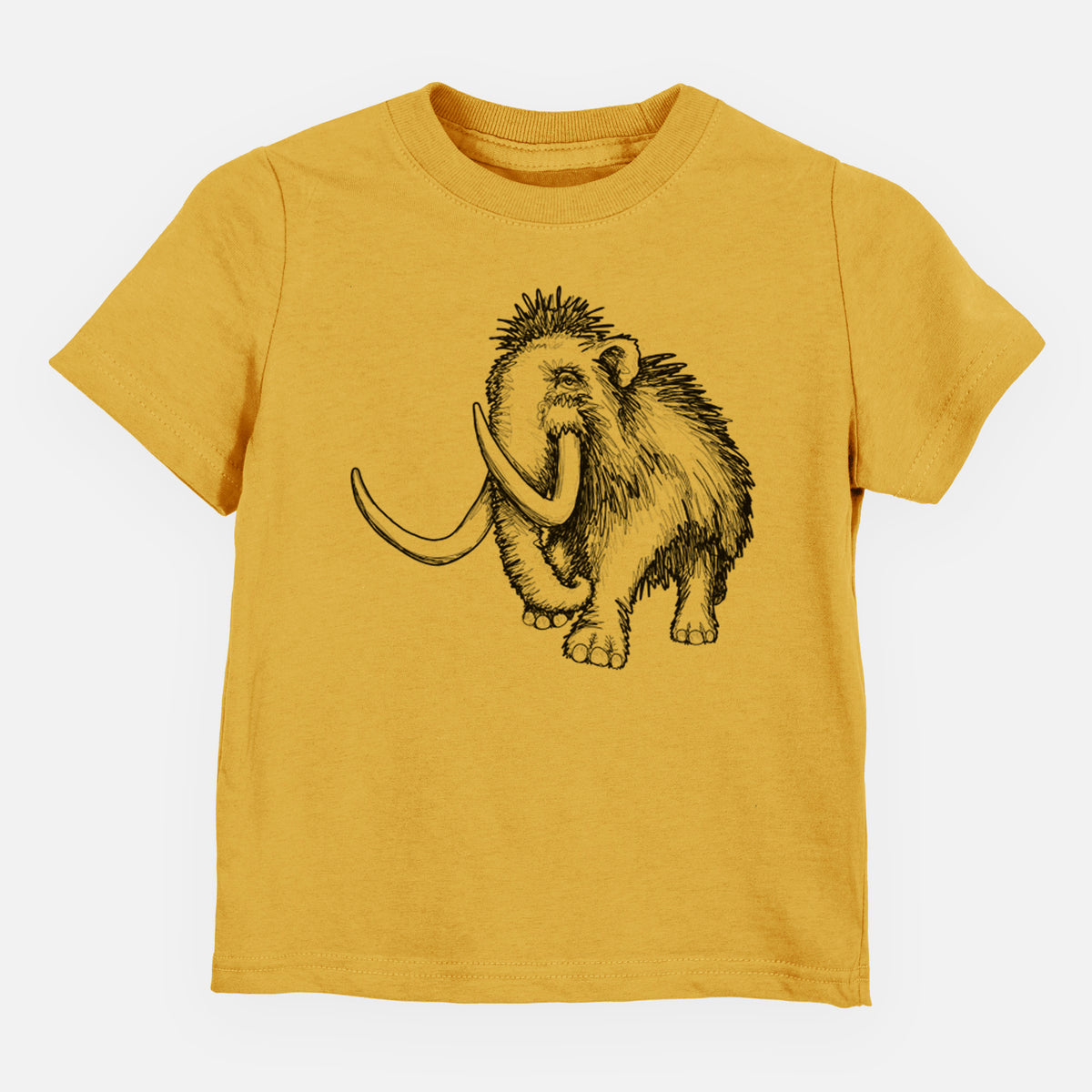 Honeycomb yellow toddler t-shirt laid flat, printed with a black ink illustration of a woolly mammoth with long curved tusks.