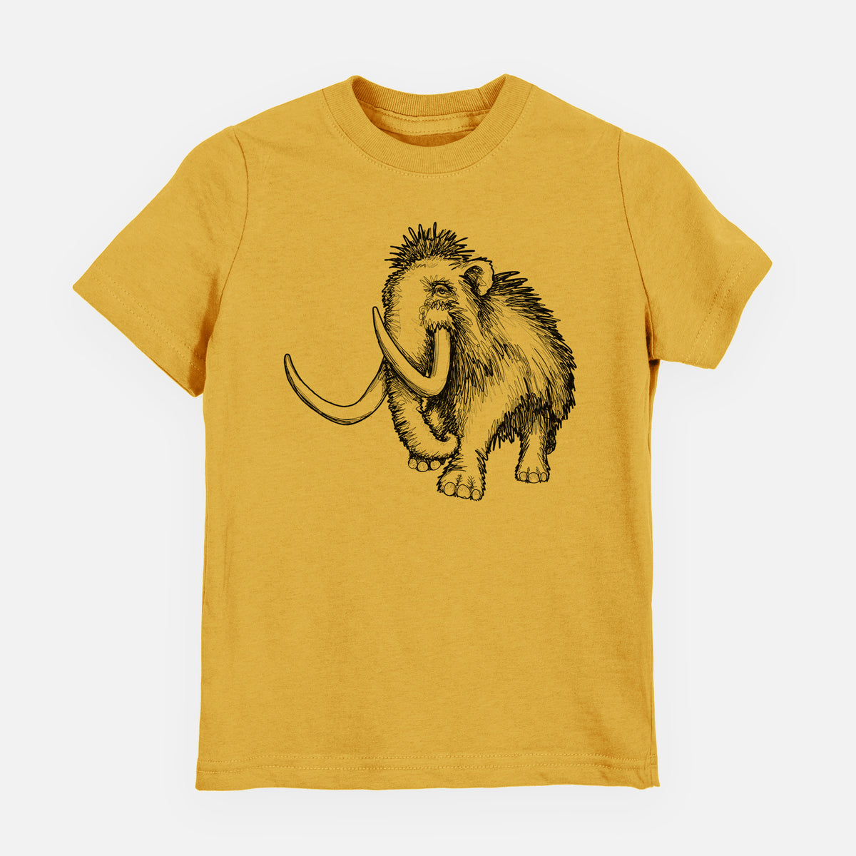 Honeycomb yellow youth t-shirt laid flat, printed with a black ink illustration of a woolly mammoth with long curved tusks.