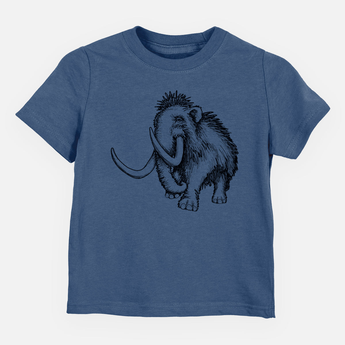 Indigo blue toddler t-shirt laid flat, printed with a black ink illustration of a woolly mammoth with long curved tusks.