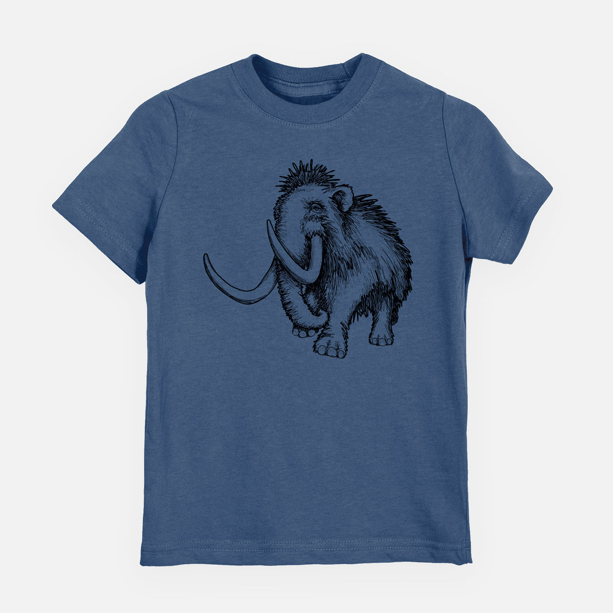 Indigo blue youth t-shirt laid flat, printed with a black ink illustration of a woolly mammoth with long curved tusks.