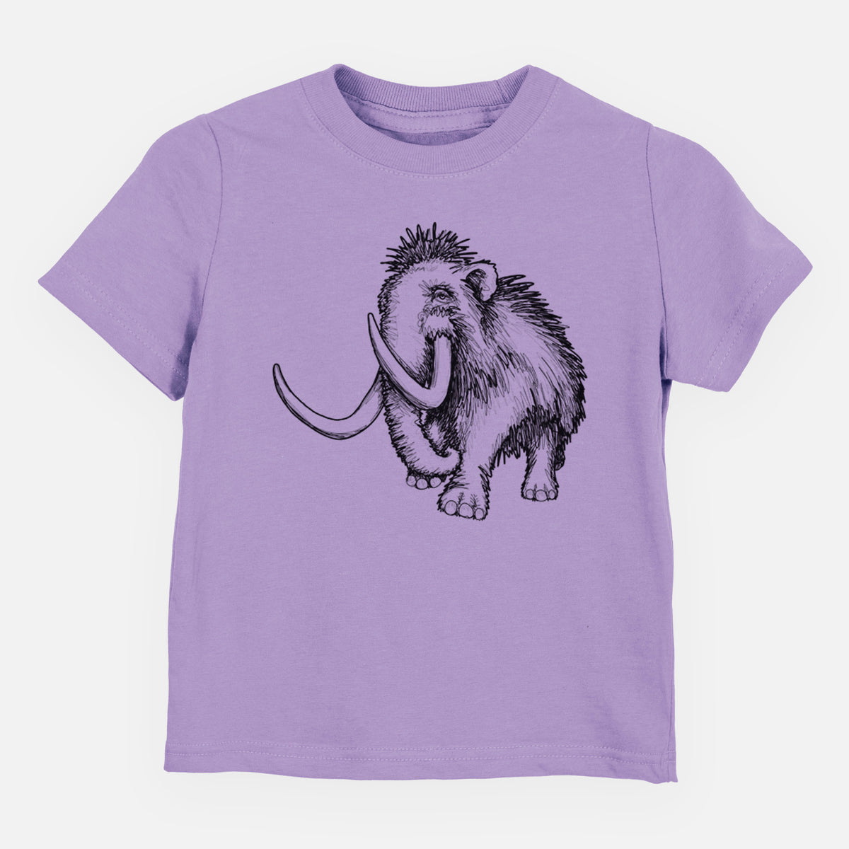 Lavender toddler t-shirt laid flat, printed with a black ink illustration of a woolly mammoth with long curved tusks.