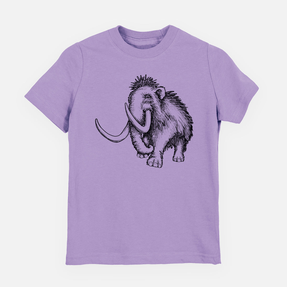 Lavender youth t-shirt laid flat, printed with a black ink illustration of a woolly mammoth with long curved tusks.