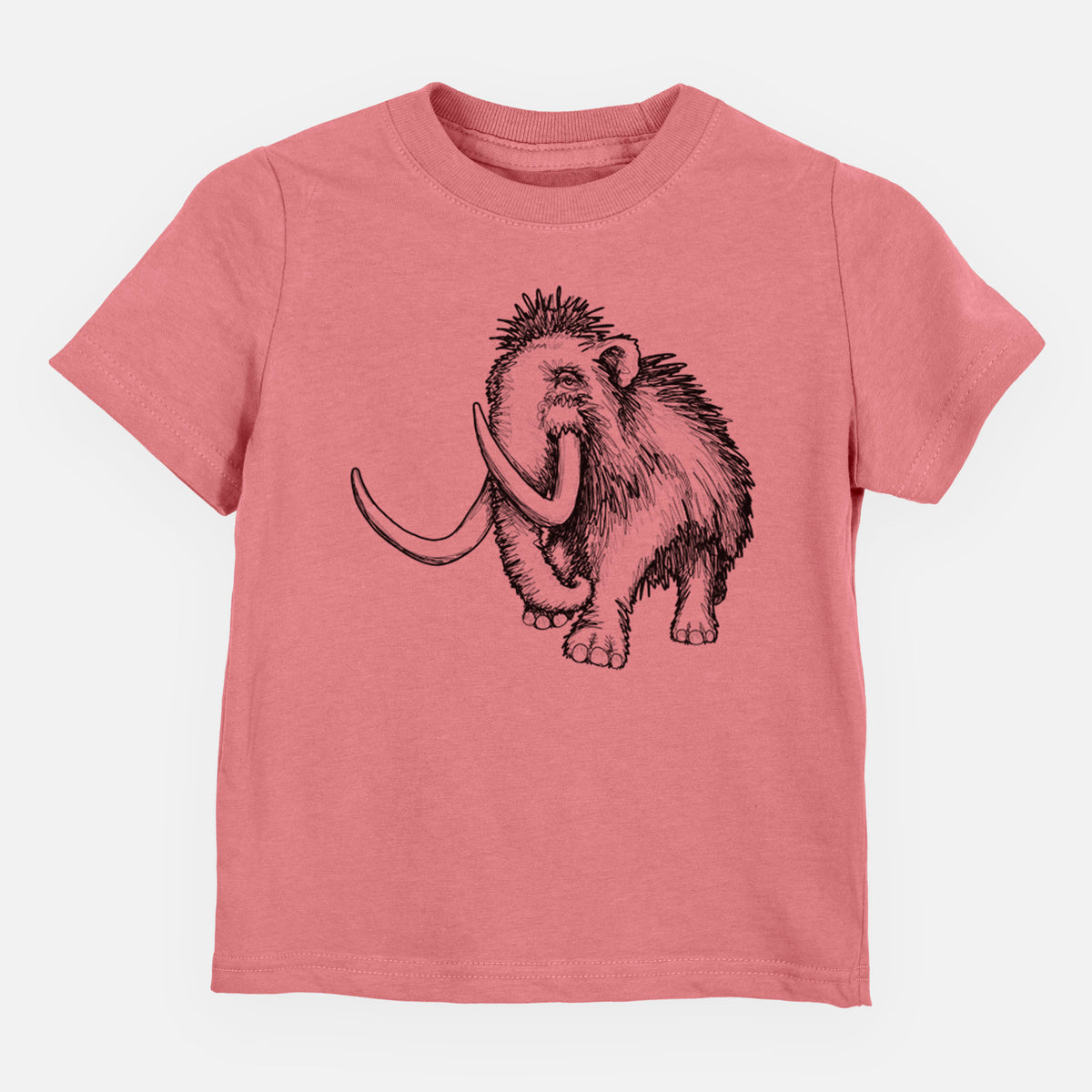 Mauve pink toddler t-shirt laid flat, printed with a black ink illustration of a woolly mammoth with long curved tusks.