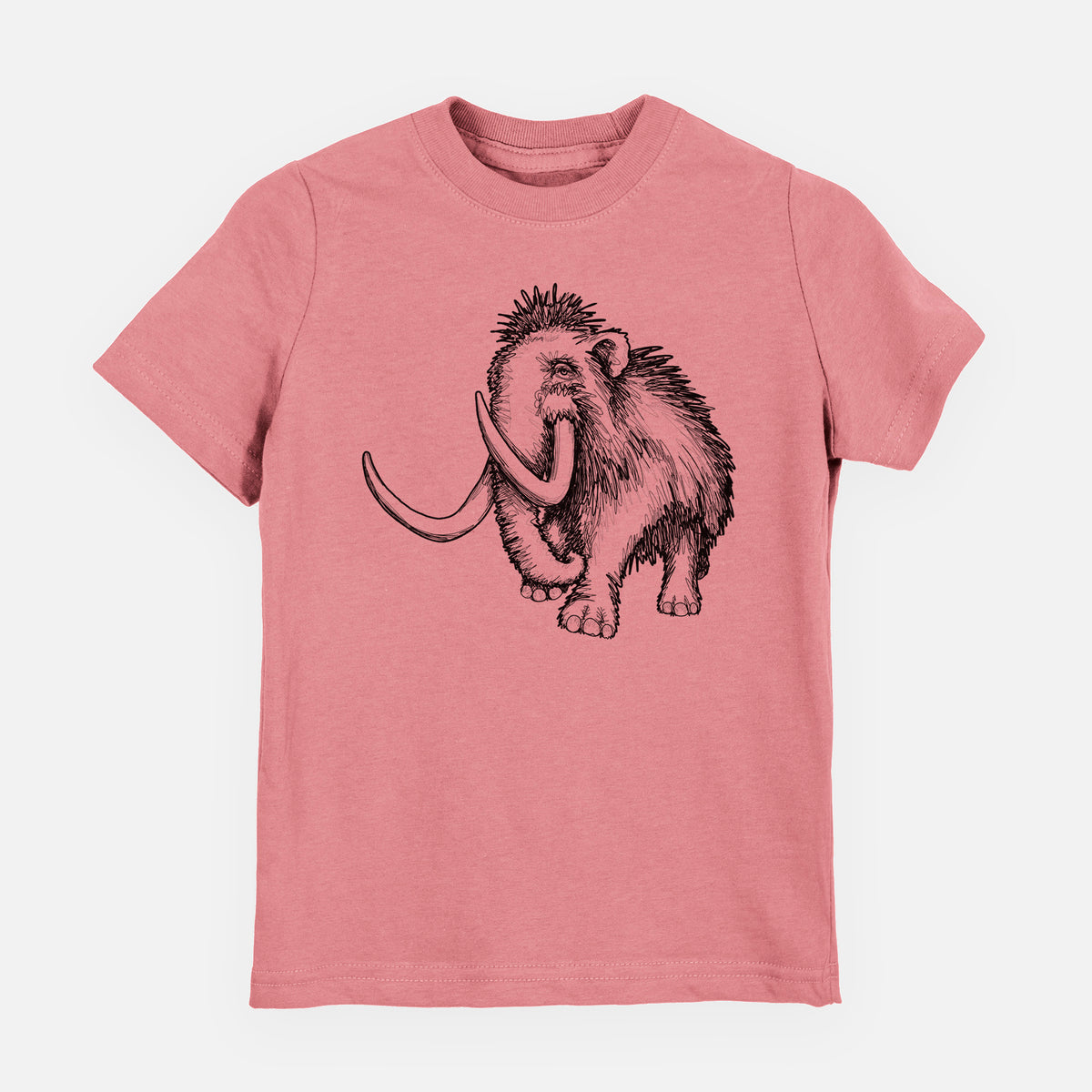 Mauve pink youth t-shirt laid flat, printed with a black ink illustration of a woolly mammoth with long curved tusks.