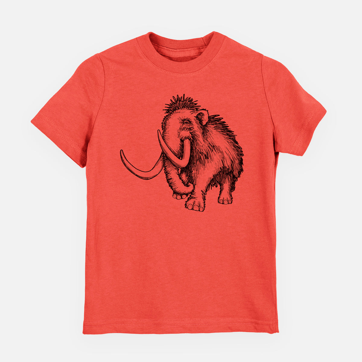 Passionfruit pink youth t-shirt laid flat, printed with a black ink illustration of a woolly mammoth with long curved tusks.