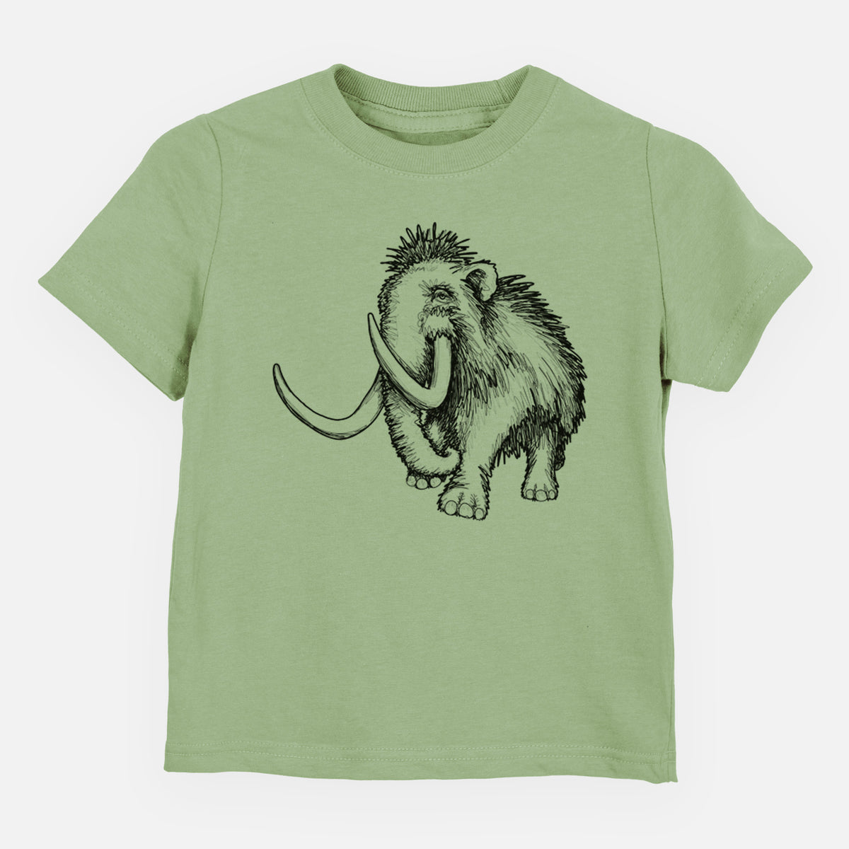 Sage green toddler t-shirt laid flat, printed with a black ink illustration of a woolly mammoth with long curved tusks.