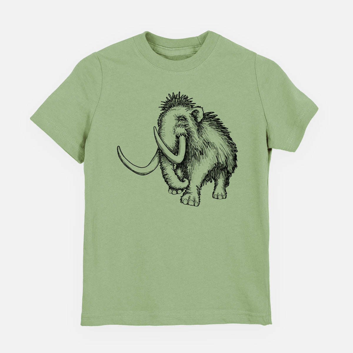 Sage green youth t-shirt laid flat, printed with a black ink illustration of a woolly mammoth with long curved tusks.