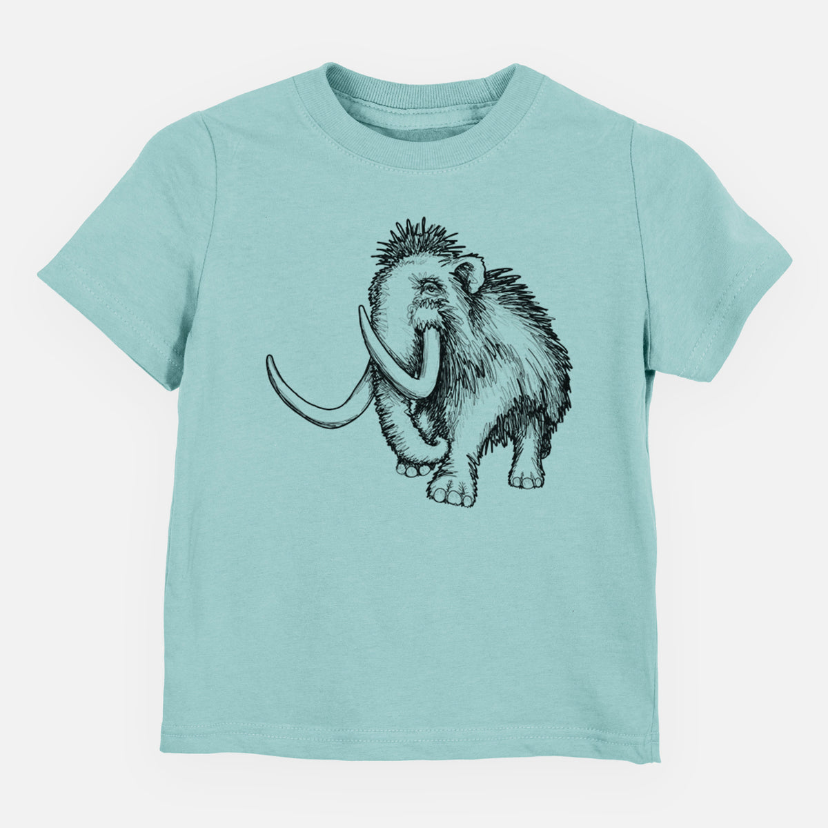 Saltwater toddler t-shirt laid flat, printed with a black ink illustration of a woolly mammoth with long curved tusks.