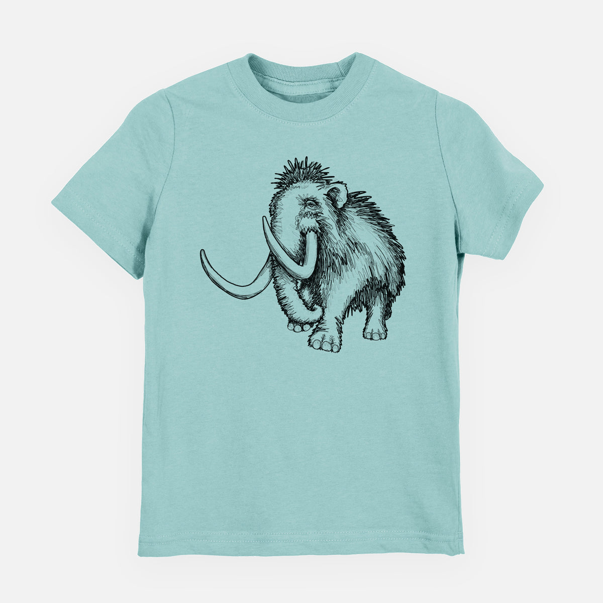 Saltwater youth t-shirt laid flat, printed with a black ink illustration of a woolly mammoth with long curved tusks.
