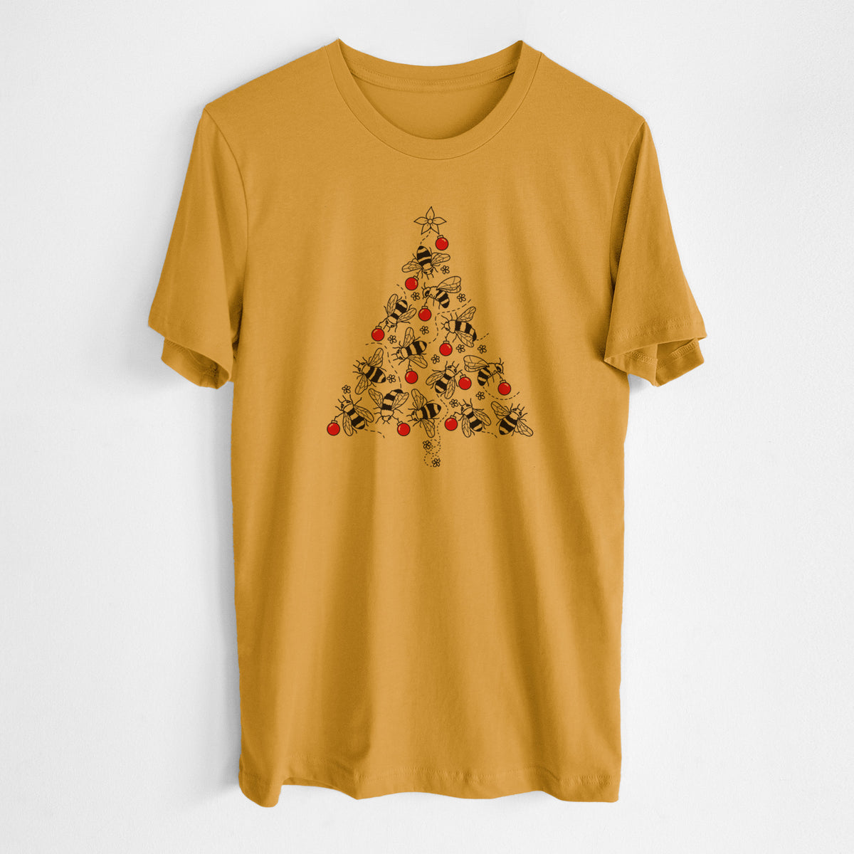 Honeycomb yellow lightweight cotton t-shirt laid flat, printed with a Christmas tree made of black ink bees with red ornaments and a star on top.