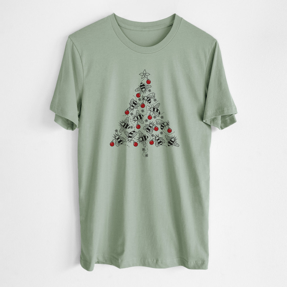 Sage green lightweight cotton t-shirt laid flat, printed with a Christmas tree made of black ink bees with red ornaments and a star on top.
