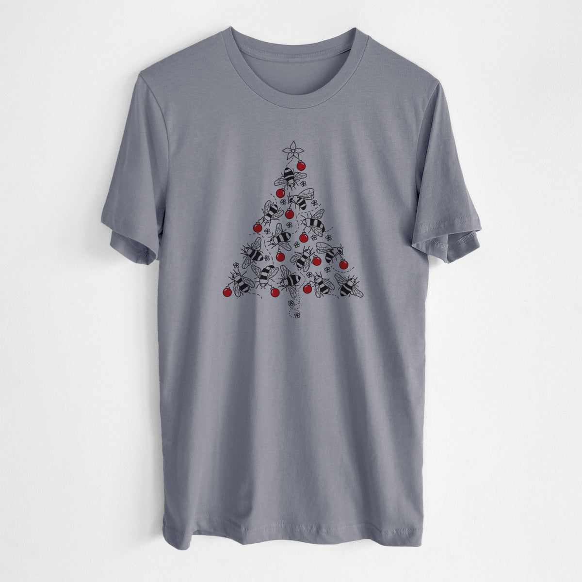 Storm grey lightweight cotton t-shirt laid flat, printed with a Christmas tree made of black ink bees with red ornaments and a star on top.