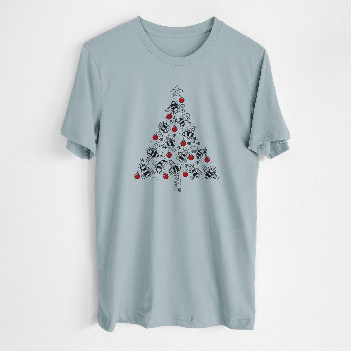 Vintage denim lightweight cotton t-shirt laid flat, printed with a Christmas tree made of black ink bees with red ornaments and a star on top.