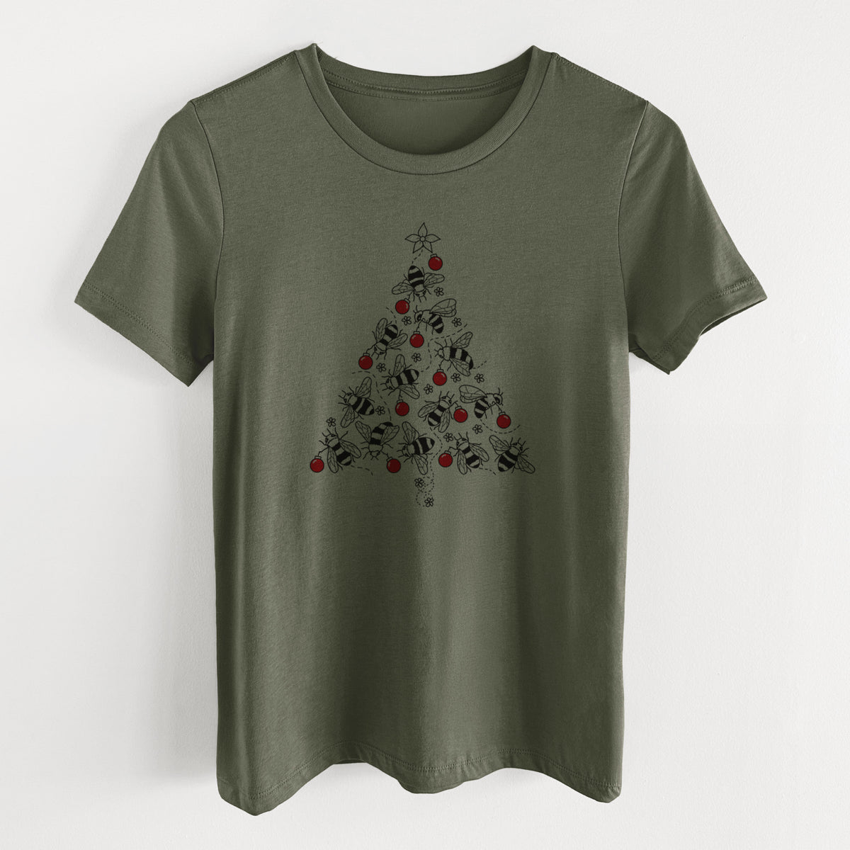 Military green women's relaxed fit cotton t-shirt laid flat, printed with a Christmas tree made of black ink bees with red ornaments and a star on top.