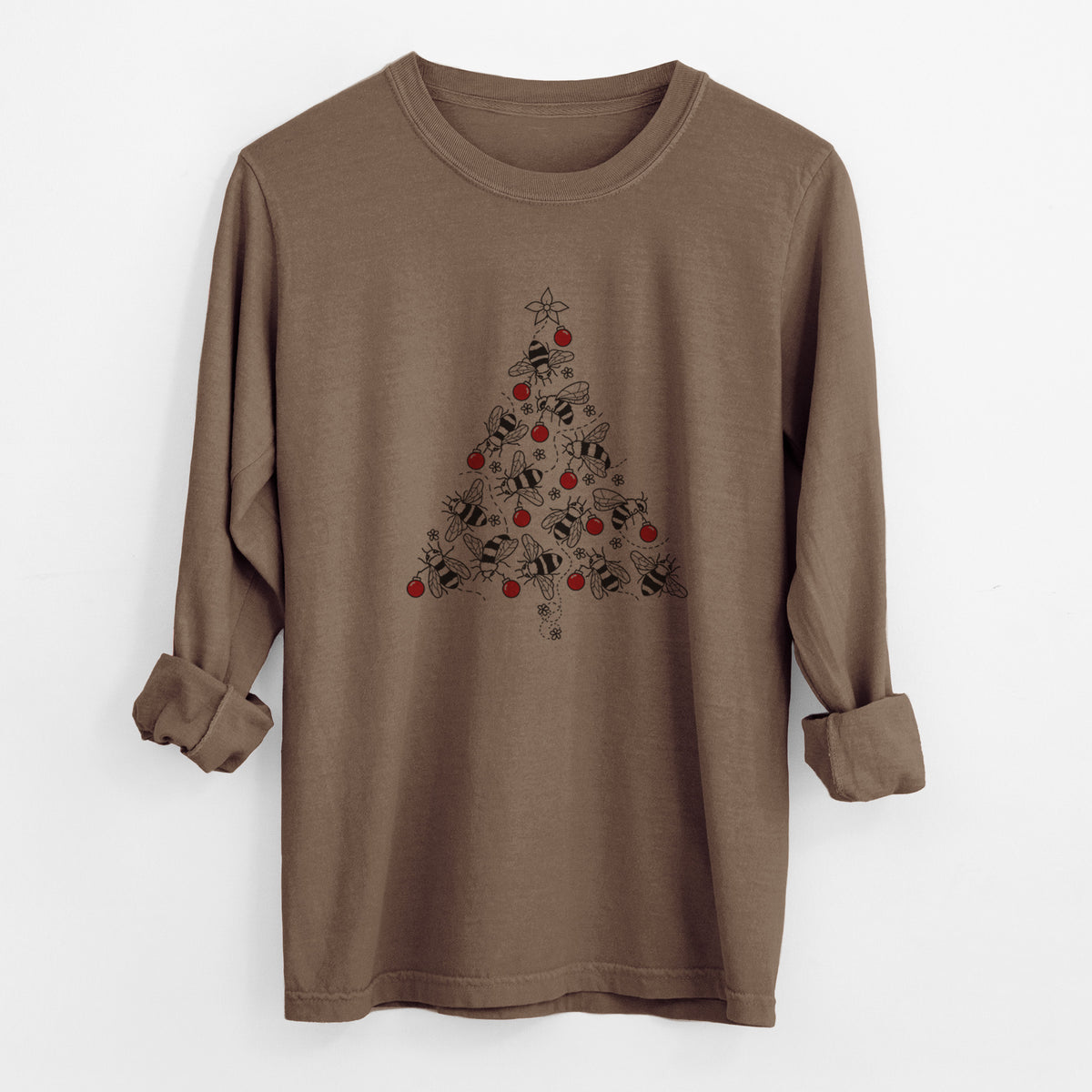 Espresso brown Comfort Colors long sleeve shirt laid flat with the cuffs rolled, printed with a Christmas tree made of black ink bees with red ornaments and a star on top.