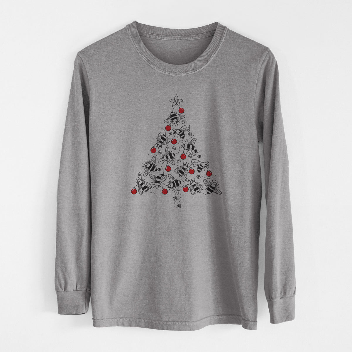 Grey Comfort Colors long sleeve shirt laid flat, printed with a Christmas tree made of black ink bees with red ornaments and a star on top.
