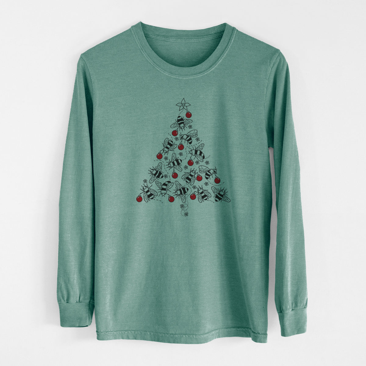 Pine green Comfort Colors long sleeve shirt laid flat, printed with a Christmas tree made of black ink bees with red ornaments and a star on top.