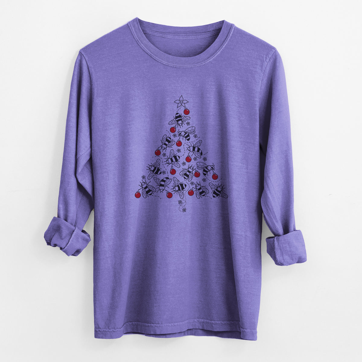 Violet purple Comfort Colors long sleeve shirt laid flat with the cuffs rolled, printed with a Christmas tree made of black ink bees with red ornaments and a star on top.
