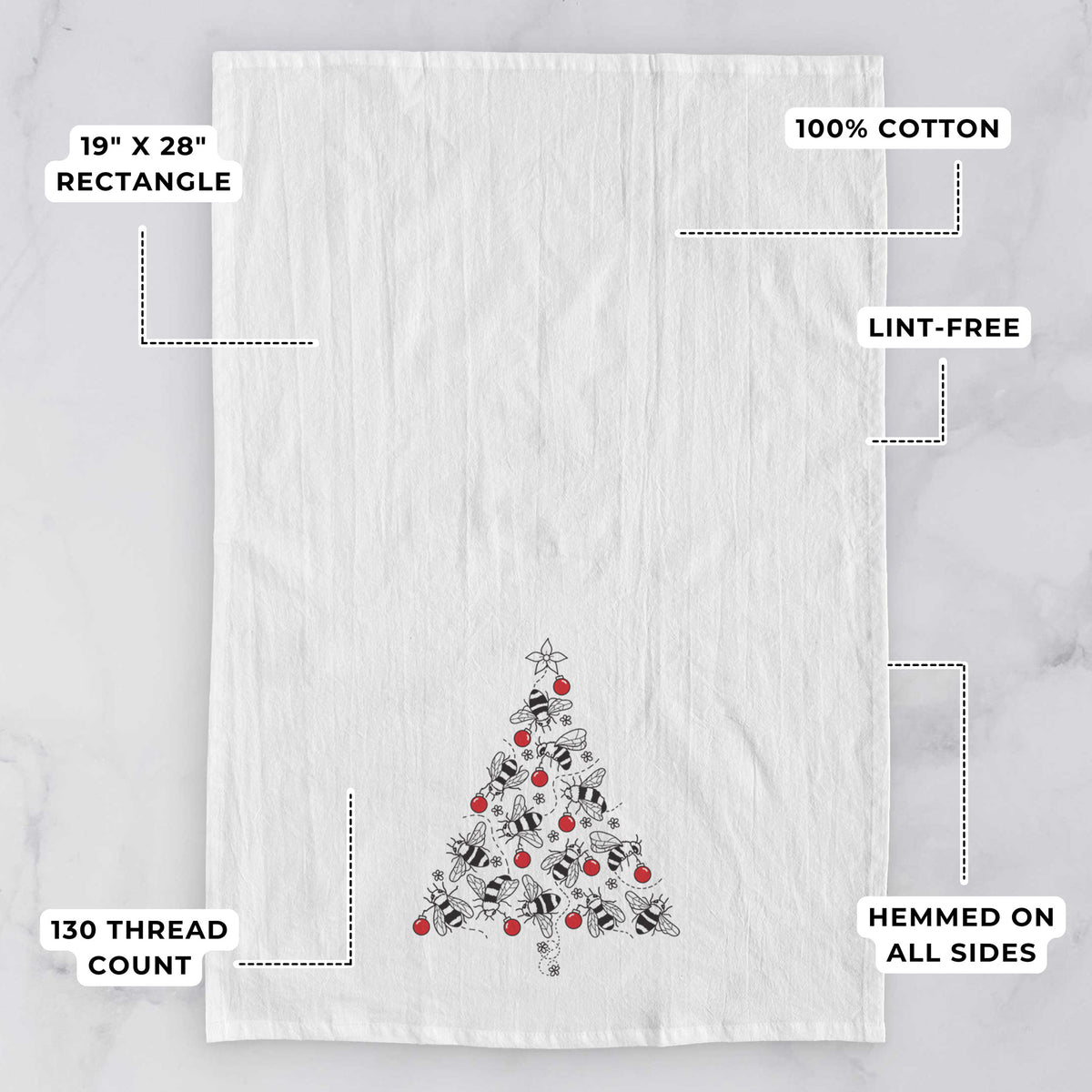 White tea towel printed with a Christmas tree made of black ink bees with red ornaments and a star on top, with feature labels: 19 by 28 inch rectangle, 100% cotton, lint-free, 130 thread count, hemmed on all sides.