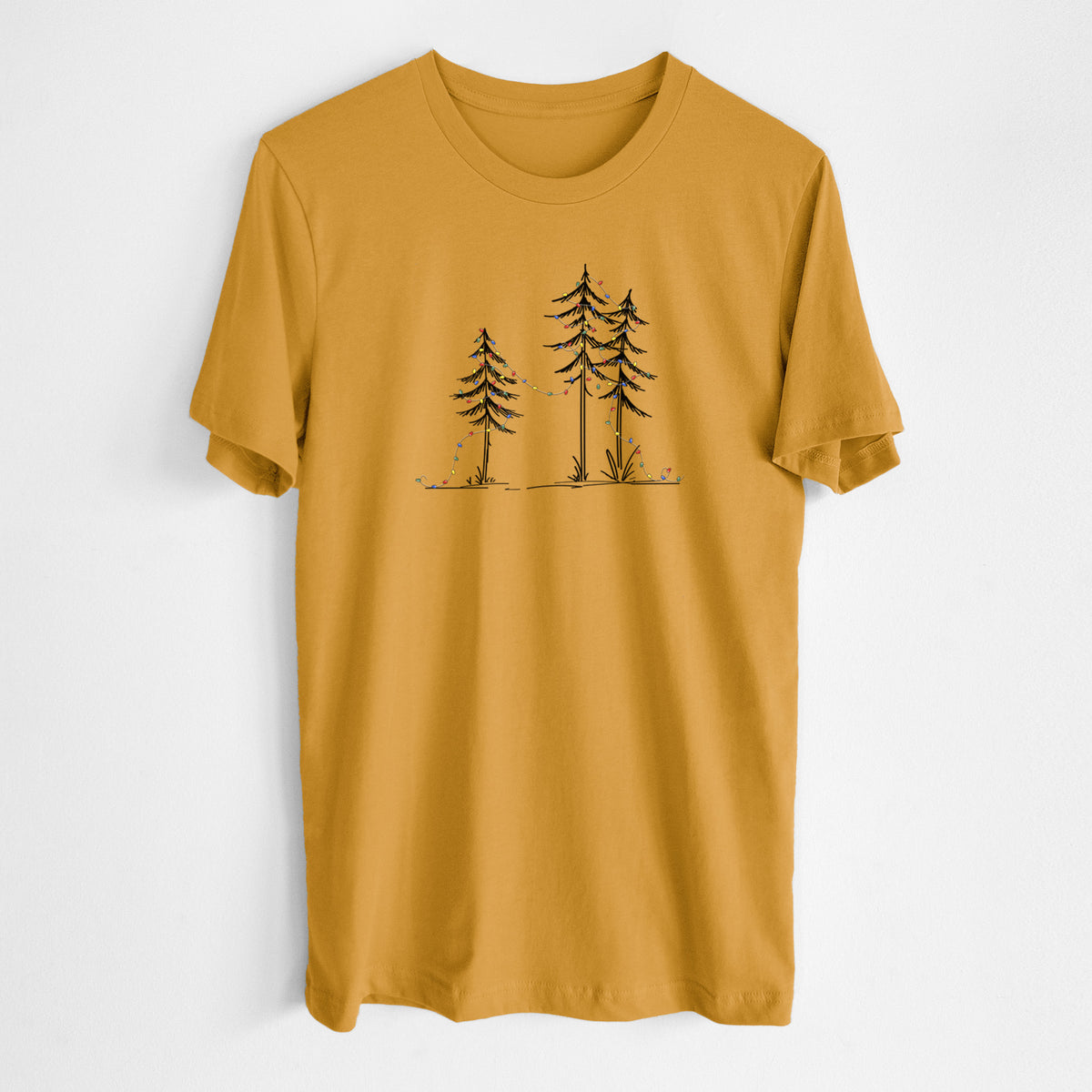 Honeycomb yellow lightweight cotton t-shirt laid flat, printed with three slender black ink pine trees strung with a garland of multicolored holiday lights.