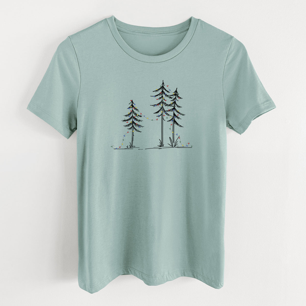 Christmas Deck the Pines - Women's Lightweight Relaxed Fit 100% Cotton Crewneck in Dusty Blue, on a hanger
