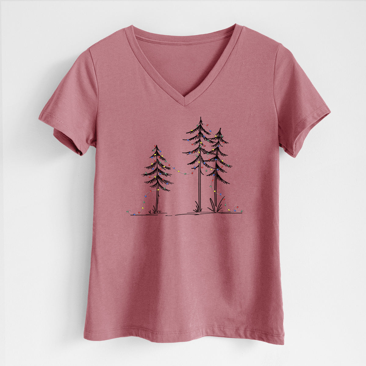 Christmas Deck the Pines - Women's Lightweight Relaxed Fit 100% Cotton V-neck in Mauve, on a hanger