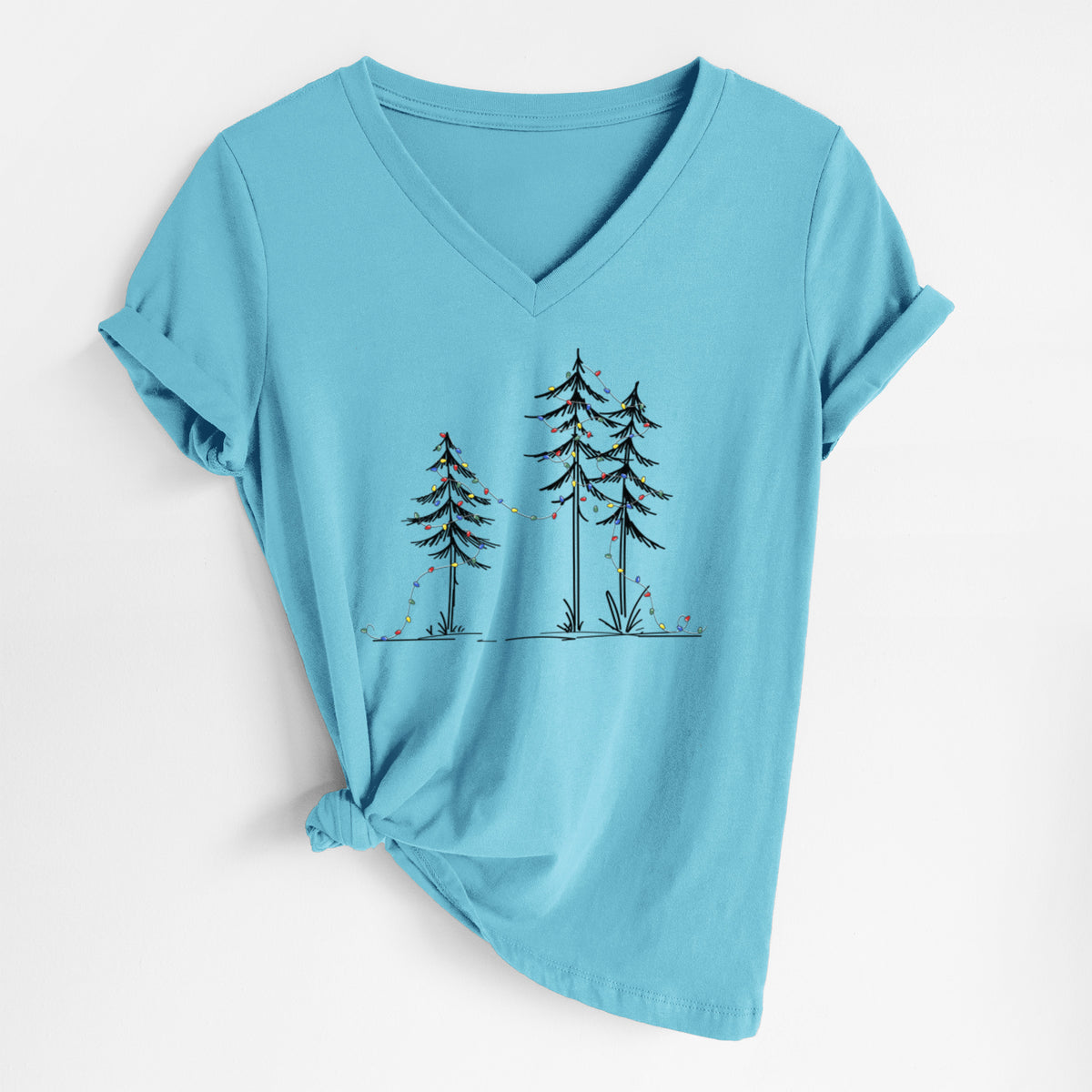 Christmas Deck the Pines - Women's Lightweight Relaxed Fit 100% Cotton V-neck in Turquoise, on a hanger
