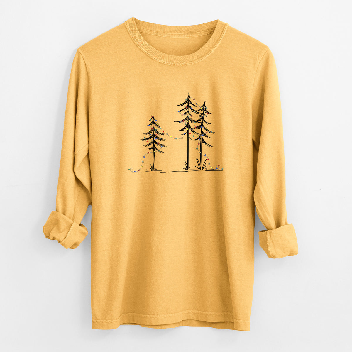 Christmas Deck the Pines - Unisex Comfort Colors 100% Cotton Long Sleeve in Golden Wheat, worn by model