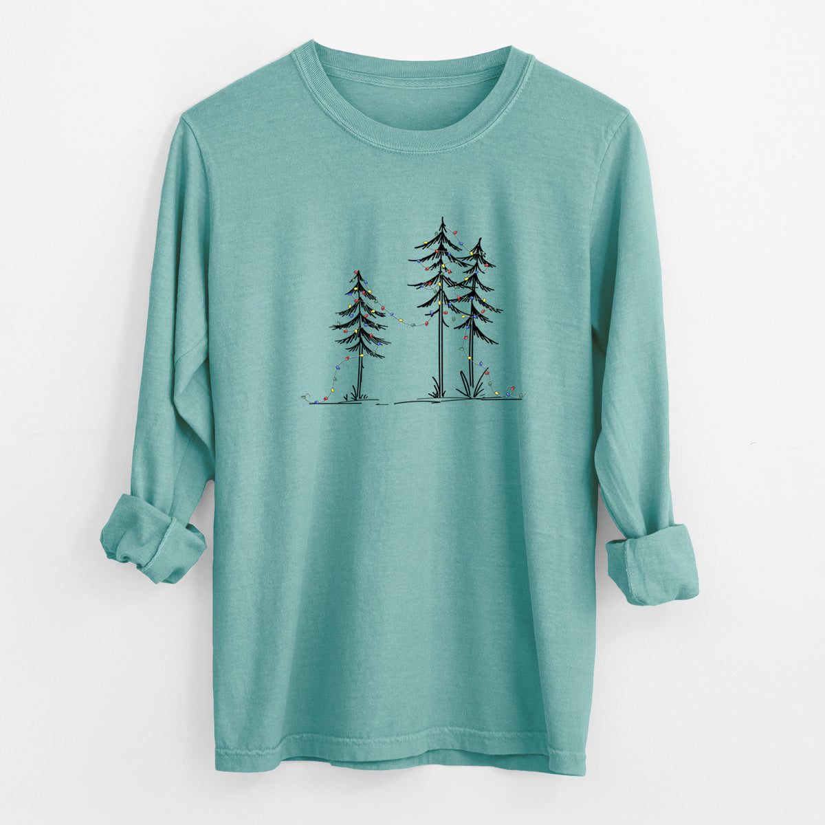 Christmas Deck the Pines - Unisex Comfort Colors 100% Cotton Long Sleeve in Reef Green, worn by model
