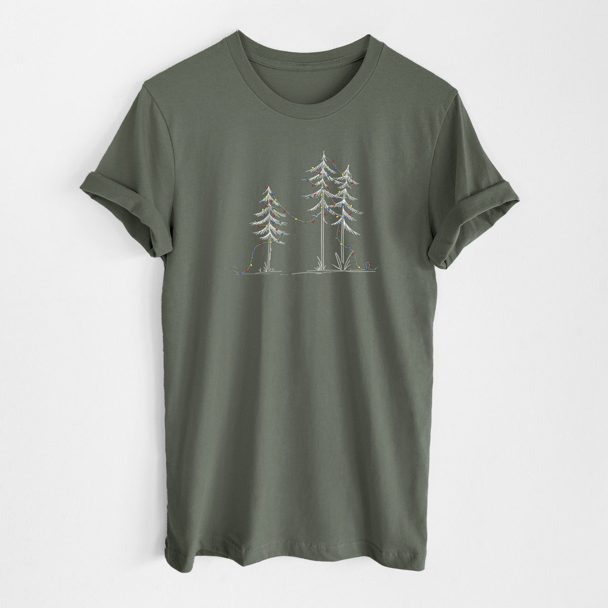 Military green lightweight cotton t-shirt laid flat, printed with three slender white ink pine trees strung with a garland of multicolored holiday lights.